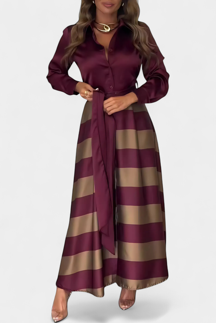 Nessia Long Striped Shirt-Style Dress with Belt