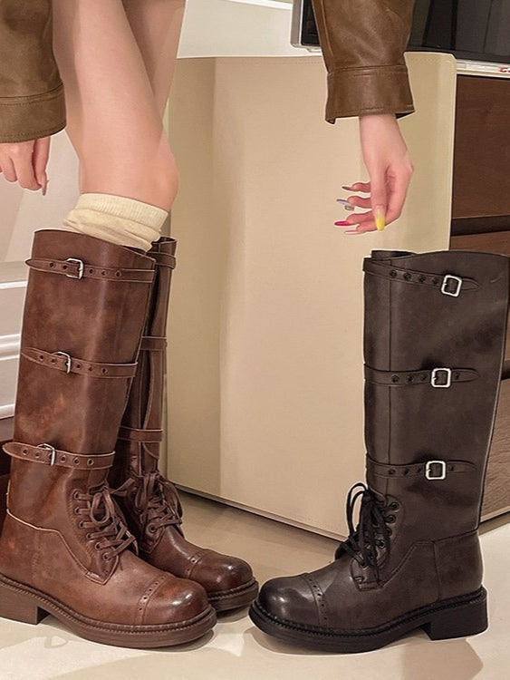 Retro distressed British square toe lace-up Martin boots-thevervian