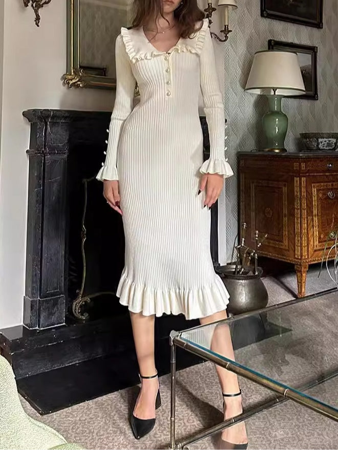 Ruffled long-sleeved knitted midi dress-thevervian
