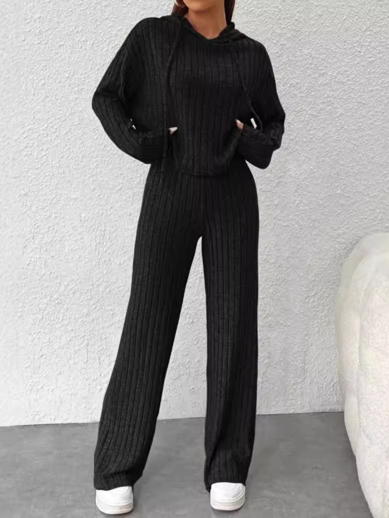 Loose hooded knitted striped long-sleeved set-thevervian