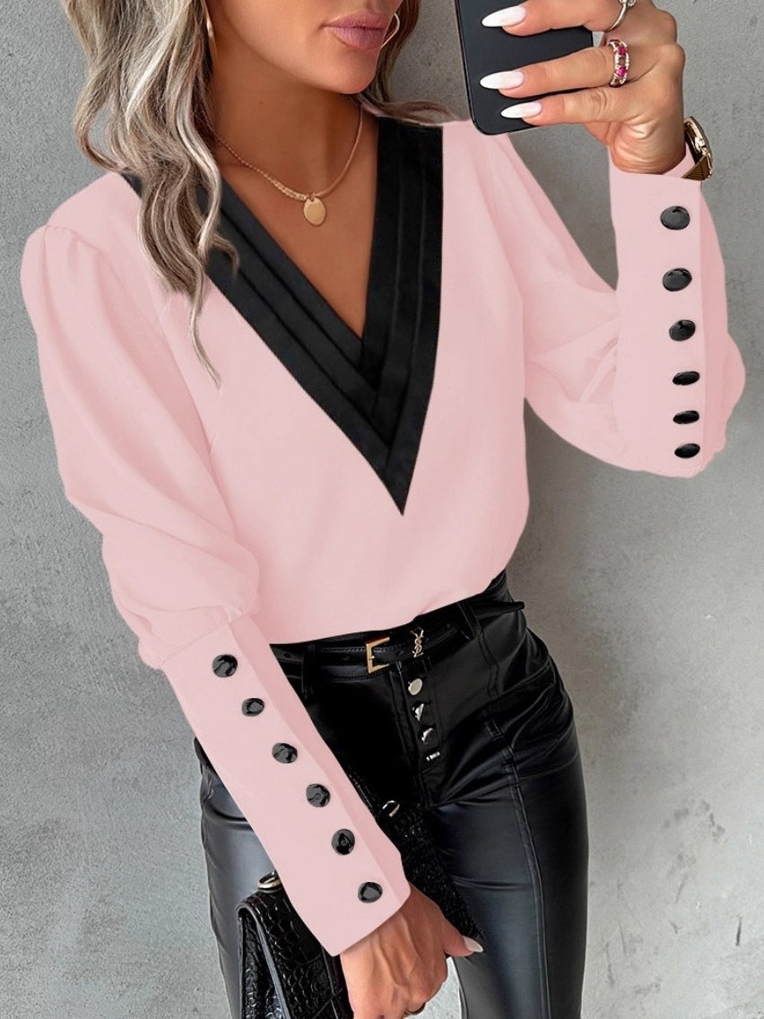 Autumn Fashion V-neck Solid Color Long Sleeve Button-up Shirt-thevervian