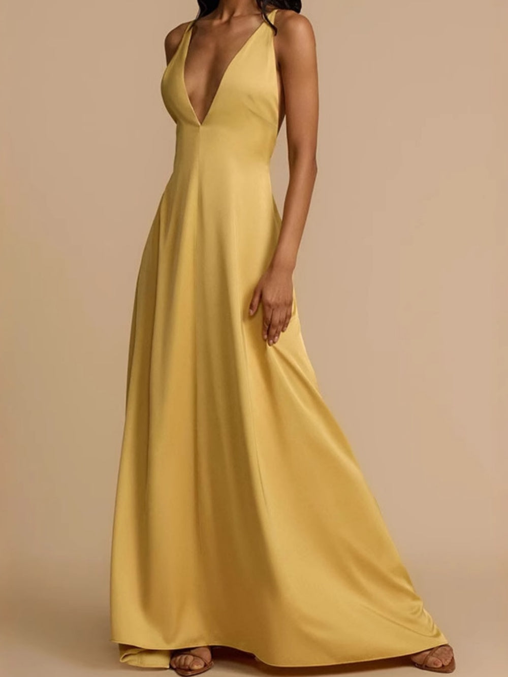 Sexy backless v-neck satin long dress-thevervian