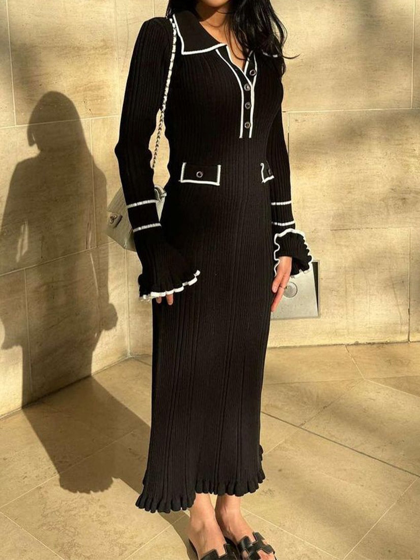 Contrast color Chanel style knitted elegant maxi dress-thevervian