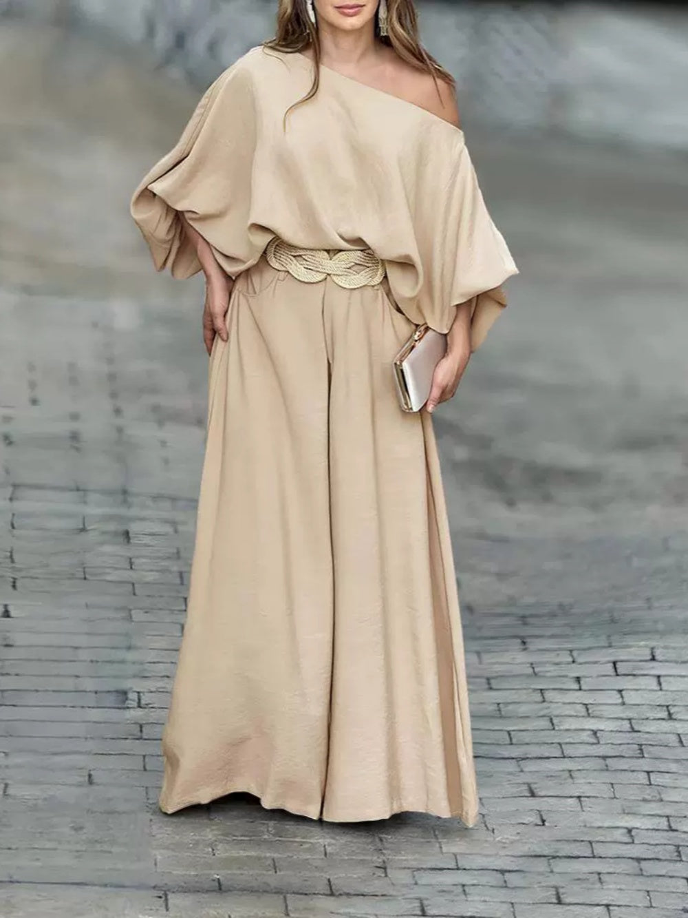 Off-shoulder lantern sleeve loose top and pants set-thevervian