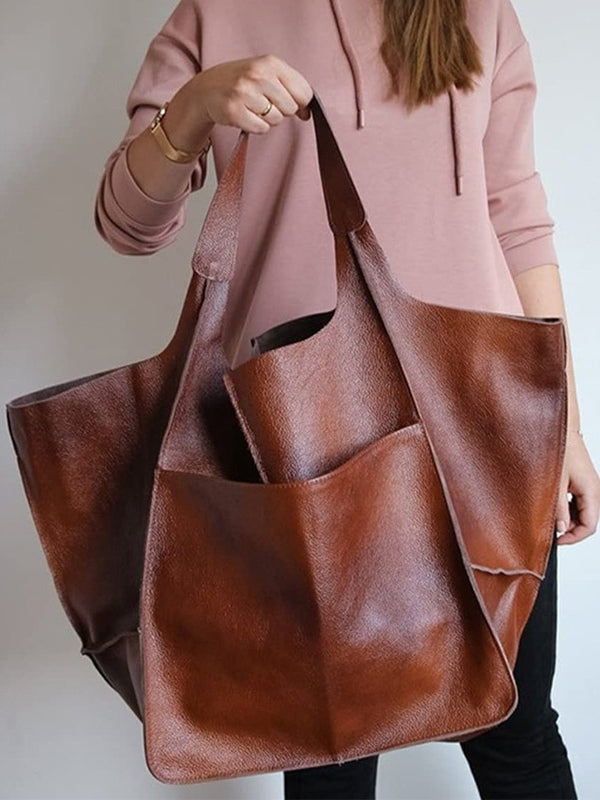 Simple large soft leather large capacity shoulder handbag-thevervian
