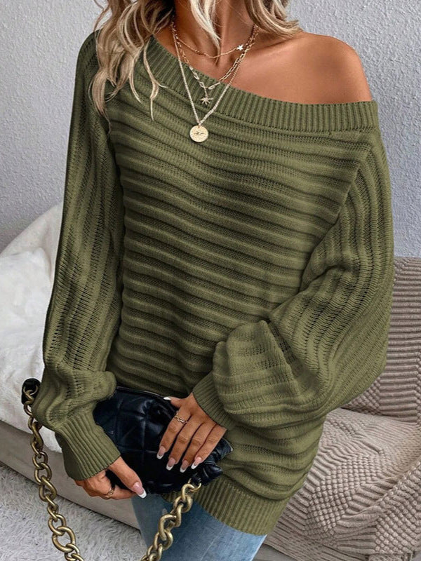 Striped batwing sleeve pullover knitted sweater-thevervian