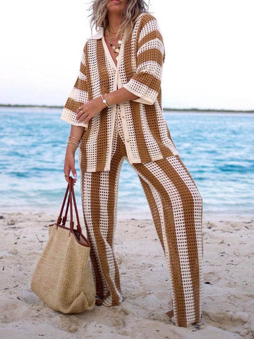 Loose V-Neck Fashion Hollow Out Striped Shirt Wide Leg Pants Set-thevervian