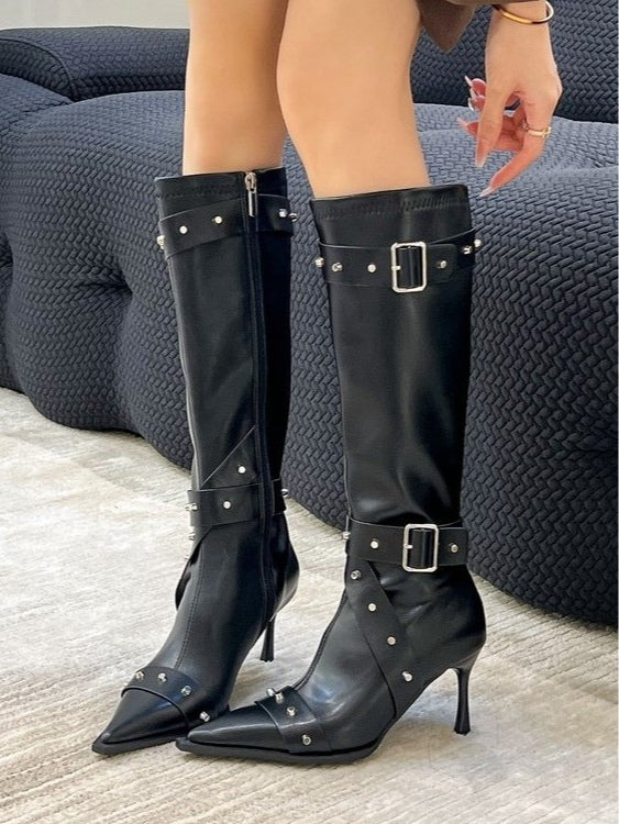 Women's pointed-toe studded high-heeled fashion boots-thevervian