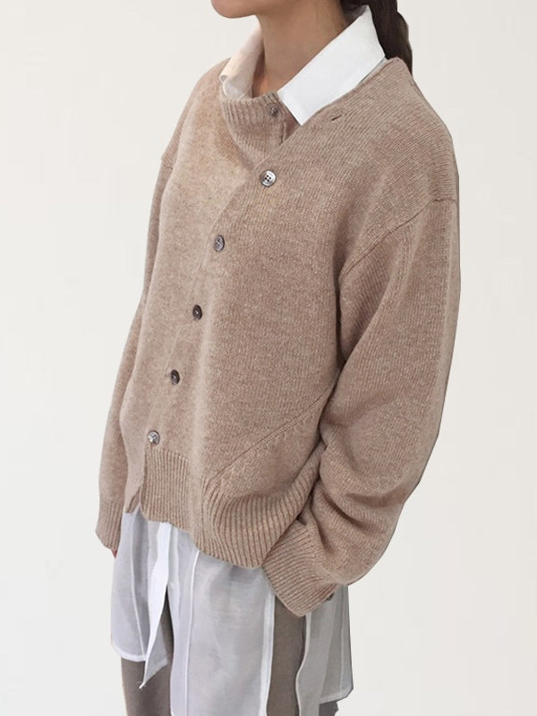 Slanted button irregular design lazy style sweater-thevervian