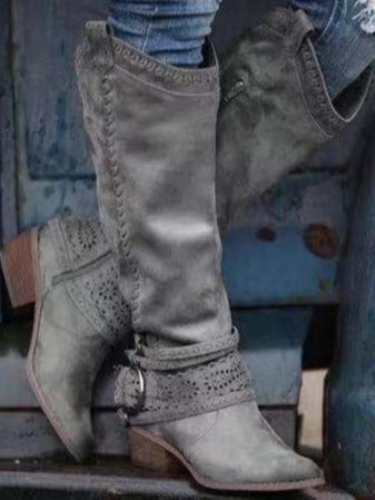 Vintage high-top leather buckle-decorated knight boots-thevervian