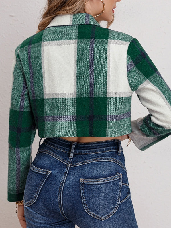 Checkered lapel cropped long-sleeved jacket-thevervian