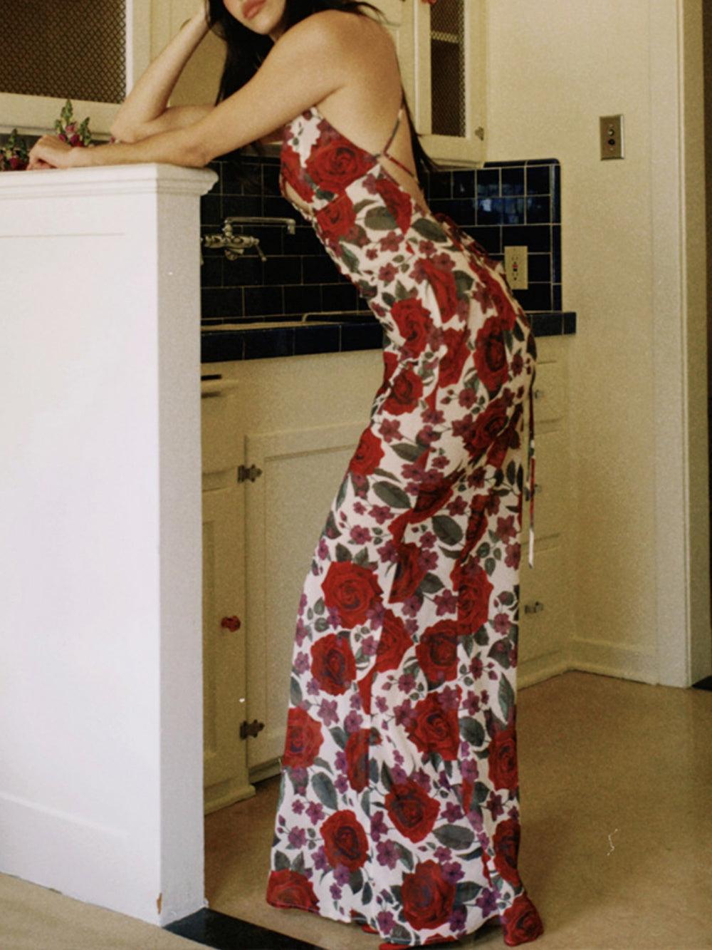 Sexy printed backless fitted maxi dress-thevervian