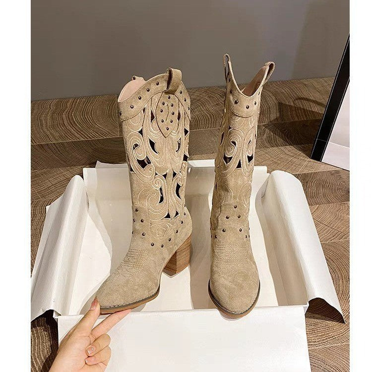 Suede chunky heel embroidered openwork Western boots-thevervian