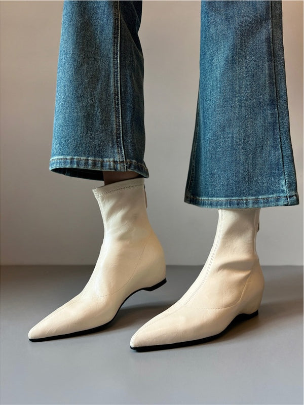 Pointed-toe soft leather stretch boots with back zipper wedge boots-thevervian