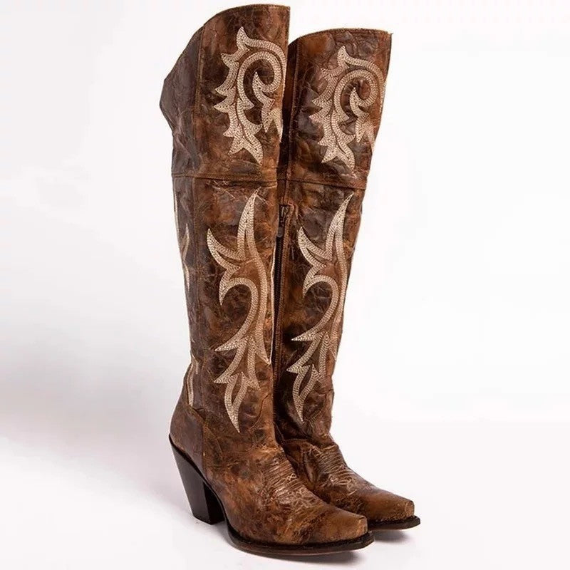Retro pattern high-heeled thick-heeled high boots-thevervian