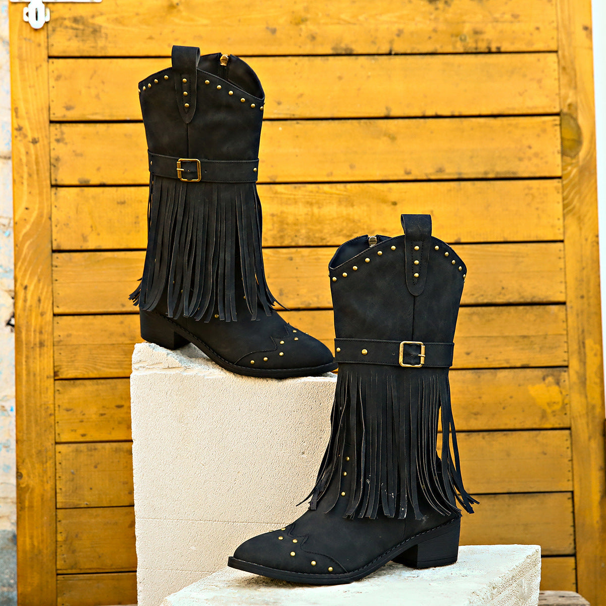 Retro tassel rivet belt knight boots-thevervian
