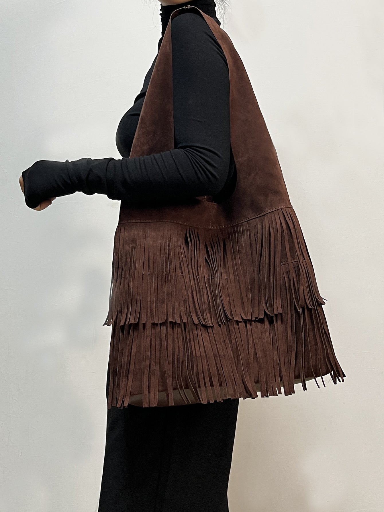 Retro versatile coffee suede tassel large bag-thevervian