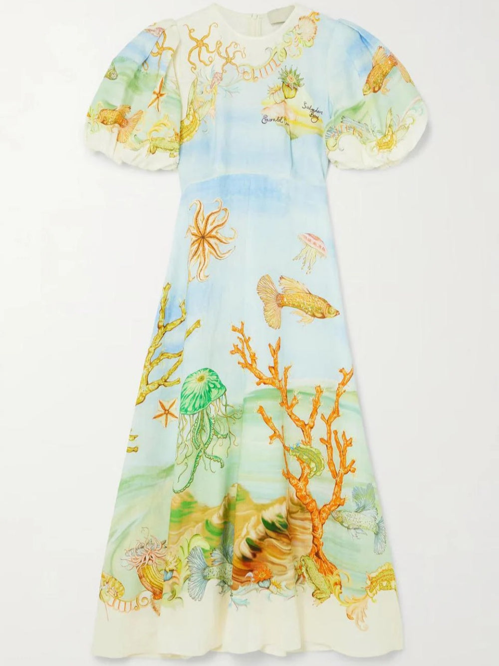 Gathered Printed Linen-Gauze Midi Dres-thevervian