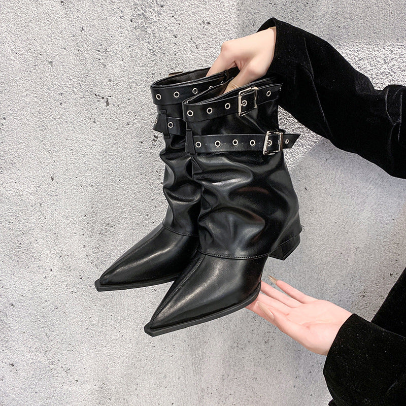 Pointed toe chunky heel retro Martin boots-thevervian