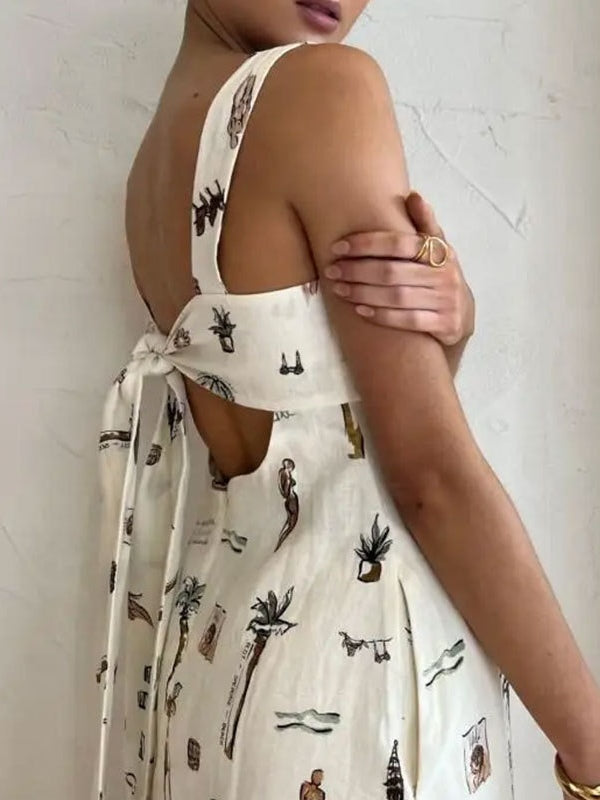 Sleeveless Tie-Drawn Print Swing Dress-thevervian