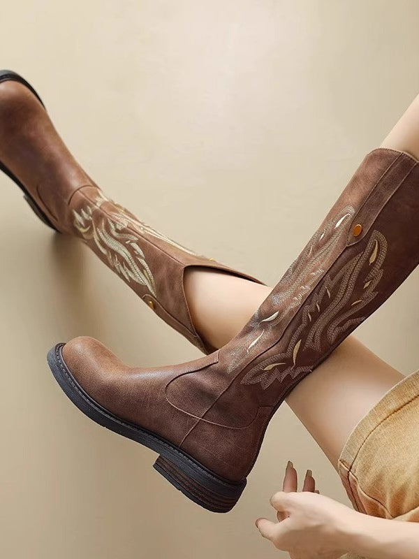 Brown embroidered back zipper long boots-thevervian