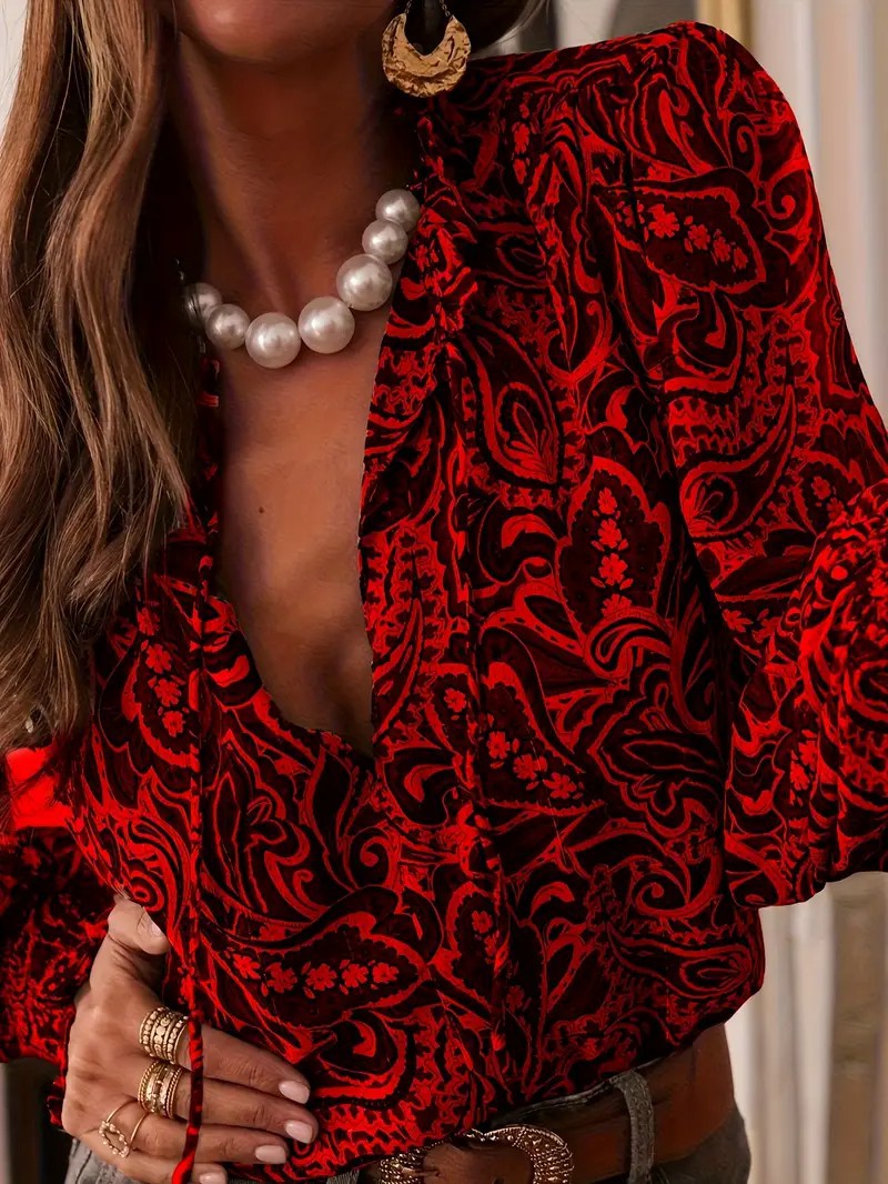 Retro Print Long Sleeve Loose-fitting Shirt for Women-thevervian