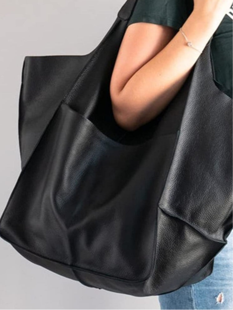 Simple large soft leather large capacity shoulder handbag-thevervian