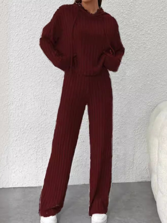 Loose hooded knitted striped long-sleeved set-thevervian