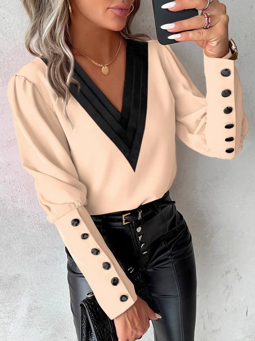 Autumn Fashion V-neck Solid Color Long Sleeve Button-up Shirt-thevervian