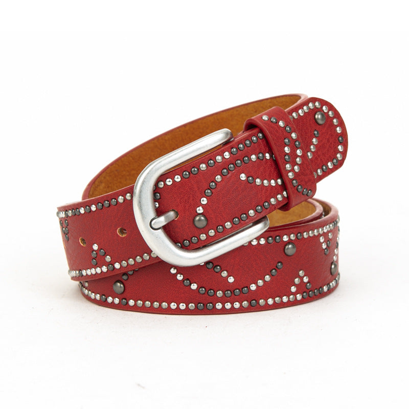 Distressed dark gold cracked PU leather rivet belt-thevervian