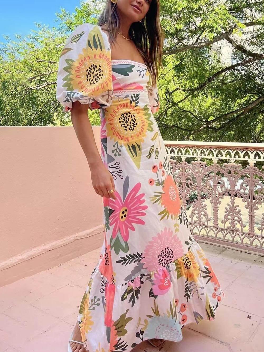 Square Neck Floral Print Bubble Sleeve Maxi Dress-thevervian