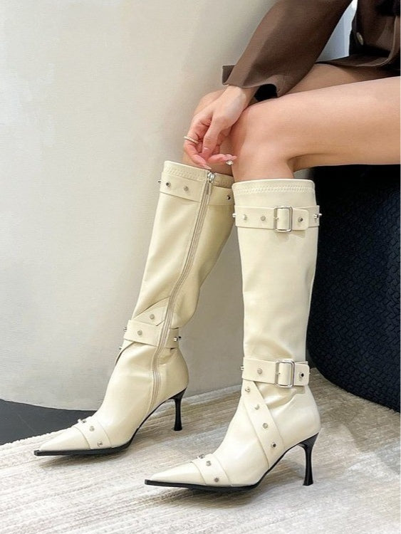 Women's pointed-toe studded high-heeled fashion boots-thevervian