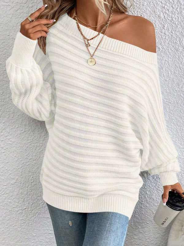 Striped batwing sleeve pullover knitted sweater-thevervian