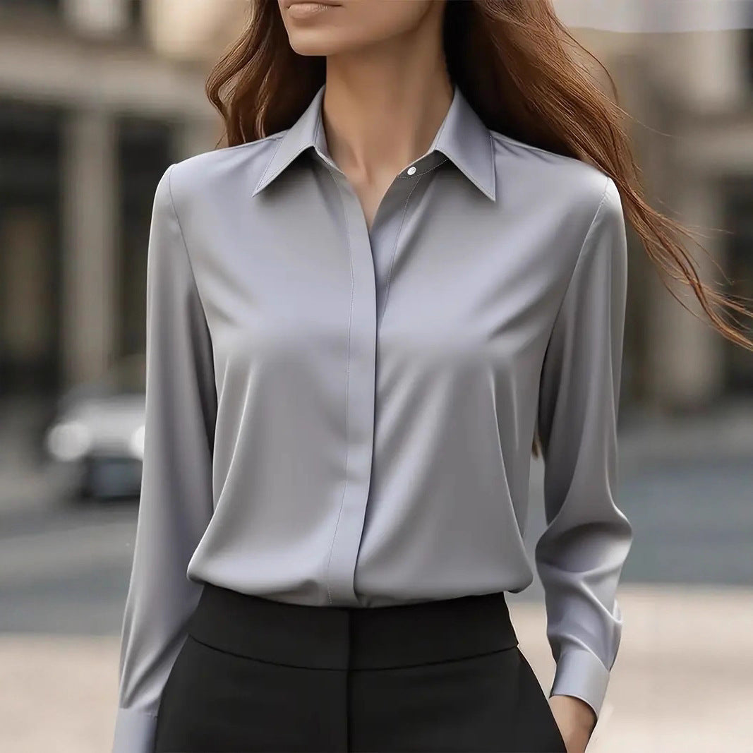 Solid color long-sleeved versatile shirt with lapel satin shirt-thevervian