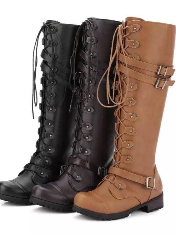 Round toe belt buckle rivet lace-up high-top riding boots-thevervian