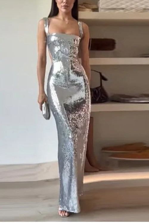 Spaghetti Strap Backless Sequined Maxi Dress-thevervian