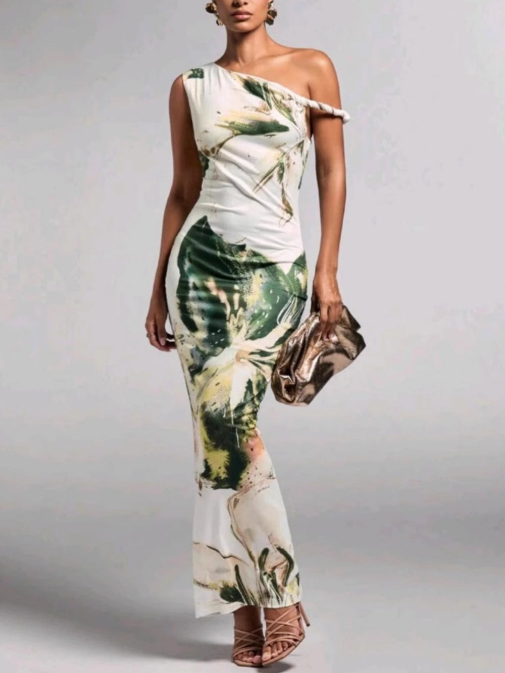 Printed pleated one-shoulder maxi dress-thevervian