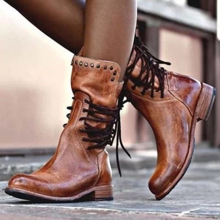 Retro British style rivet lace-up mid-calf boots-thevervian