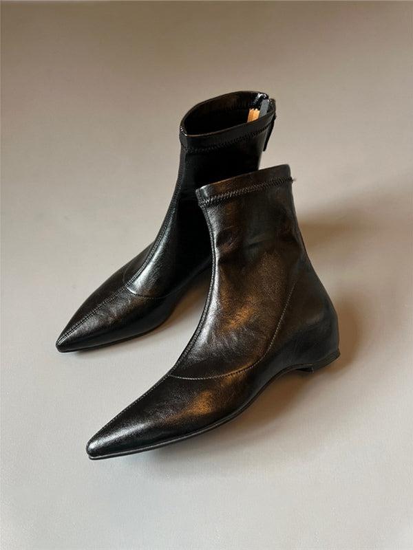 Pointed-toe soft leather stretch boots with back zipper wedge boots-thevervian