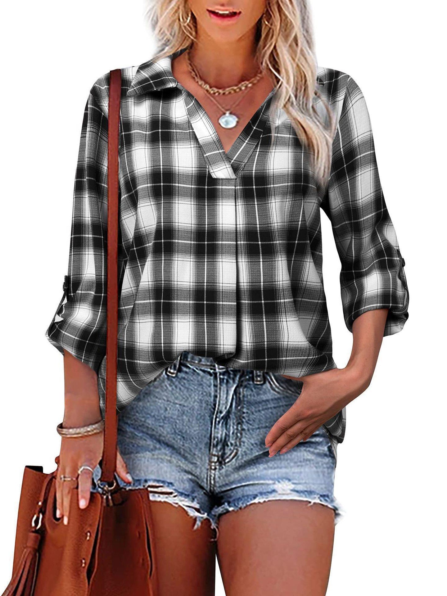 Pullover Lapel Loose Fit Women's Plaid Shirt-thevervian