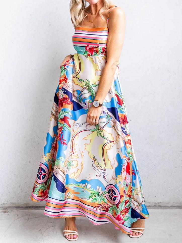 Printed painted holiday style suspender dress-thevervian