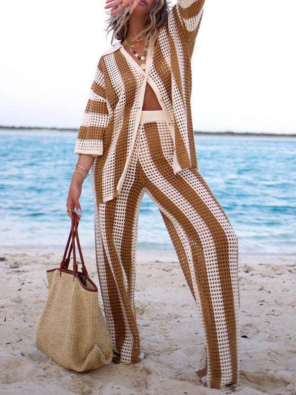 Loose V-Neck Fashion Hollow Out Striped Shirt Wide Leg Pants Set-thevervian