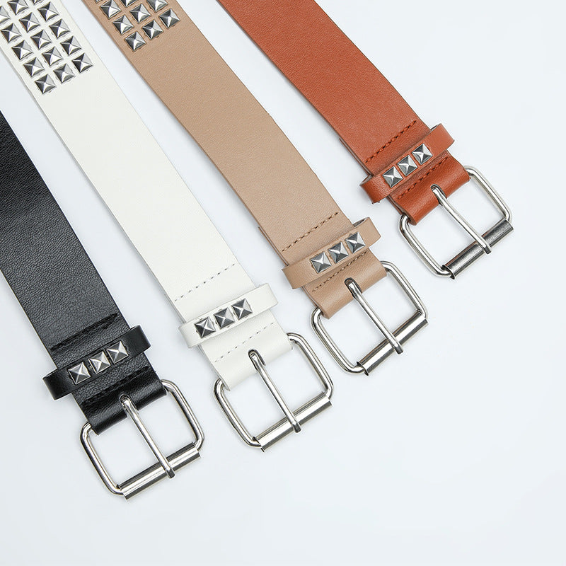 Square bead rivet pyramid inlaid women's belt-thevervian