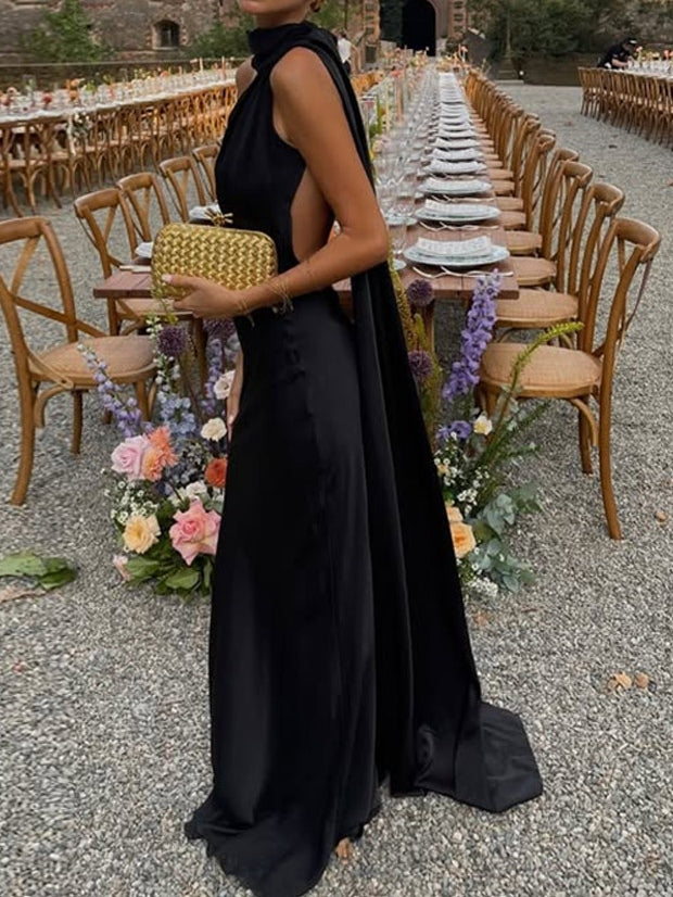 Elegant lady sleeveless halter neck long dress with ribbons-thevervian