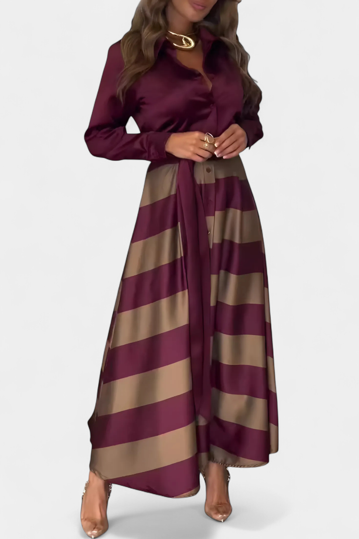 Nessia Long Striped Shirt-Style Dress with Belt