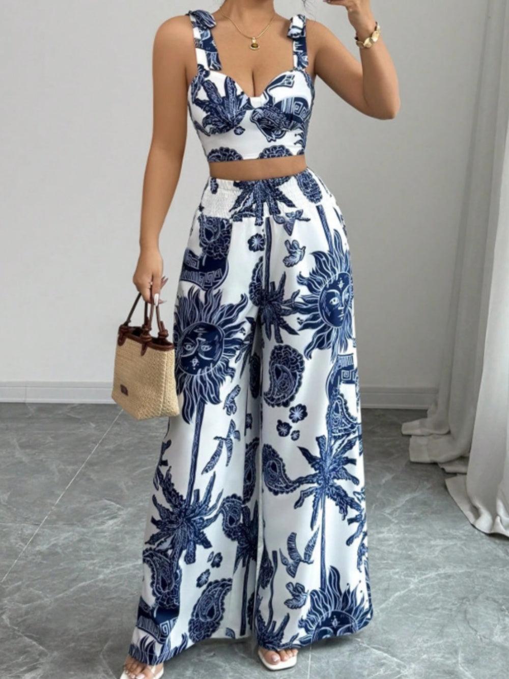 Printed V-neck top + loose wide-leg pants set-thevervian