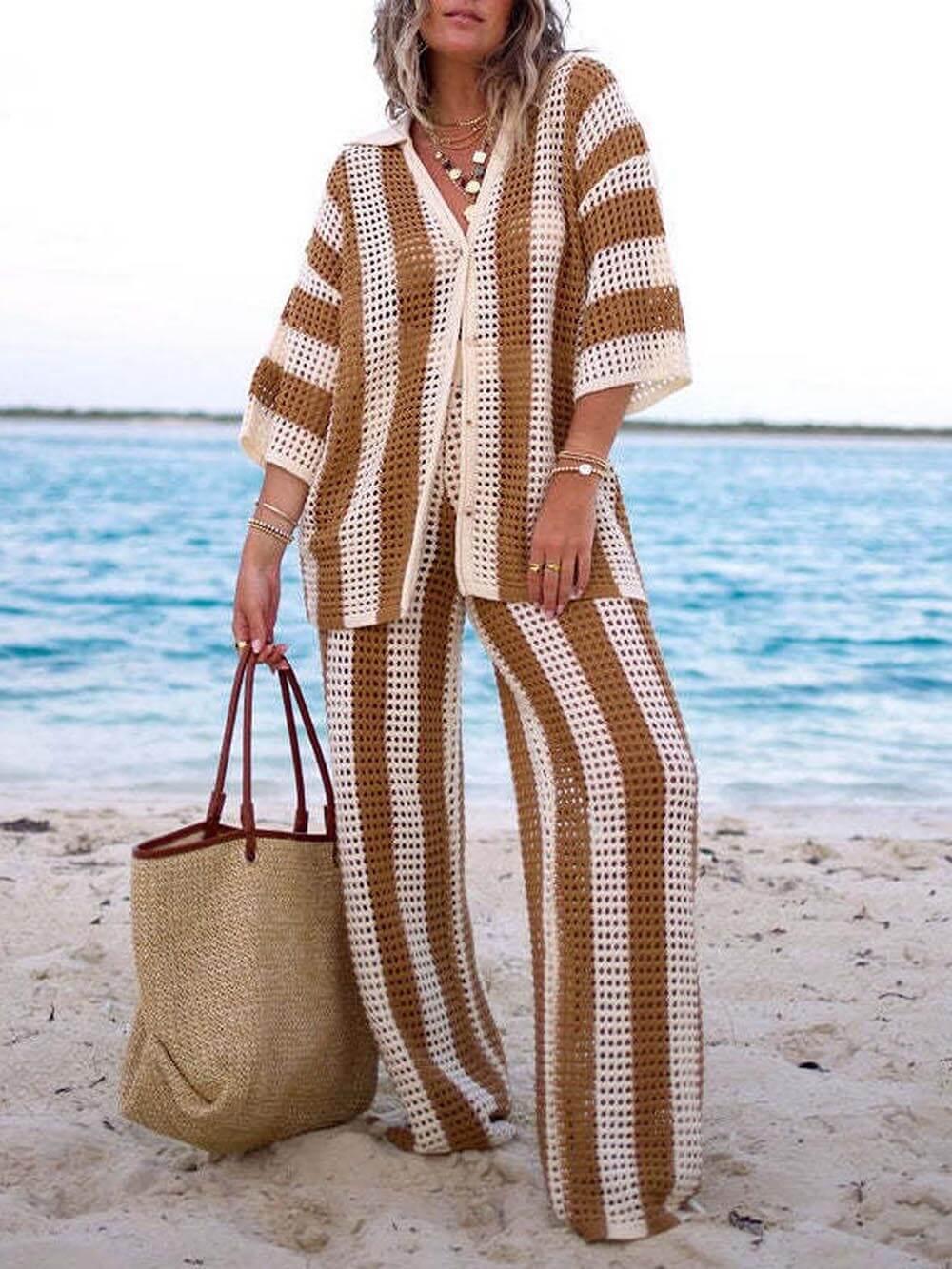 Loose V-Neck Fashion Hollow Out Striped Shirt Wide Leg Pants Set-thevervian