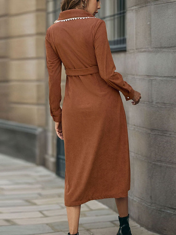 Antique Lace Lapel Shirt-Style Corduroy Dress-thevervian