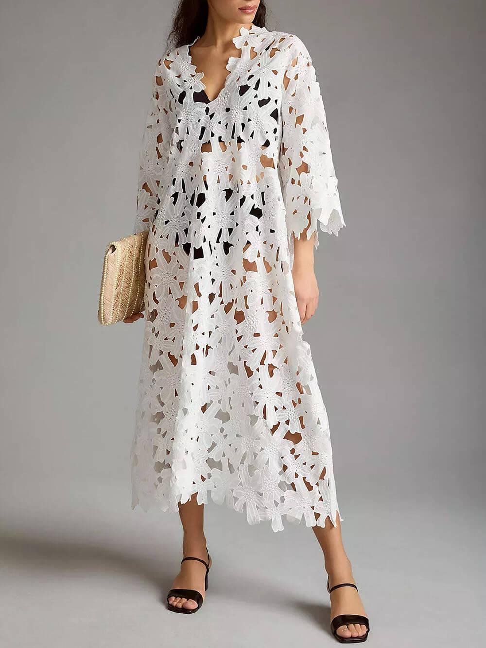 Cover Up Lace Beach Midi Dress-thevervian