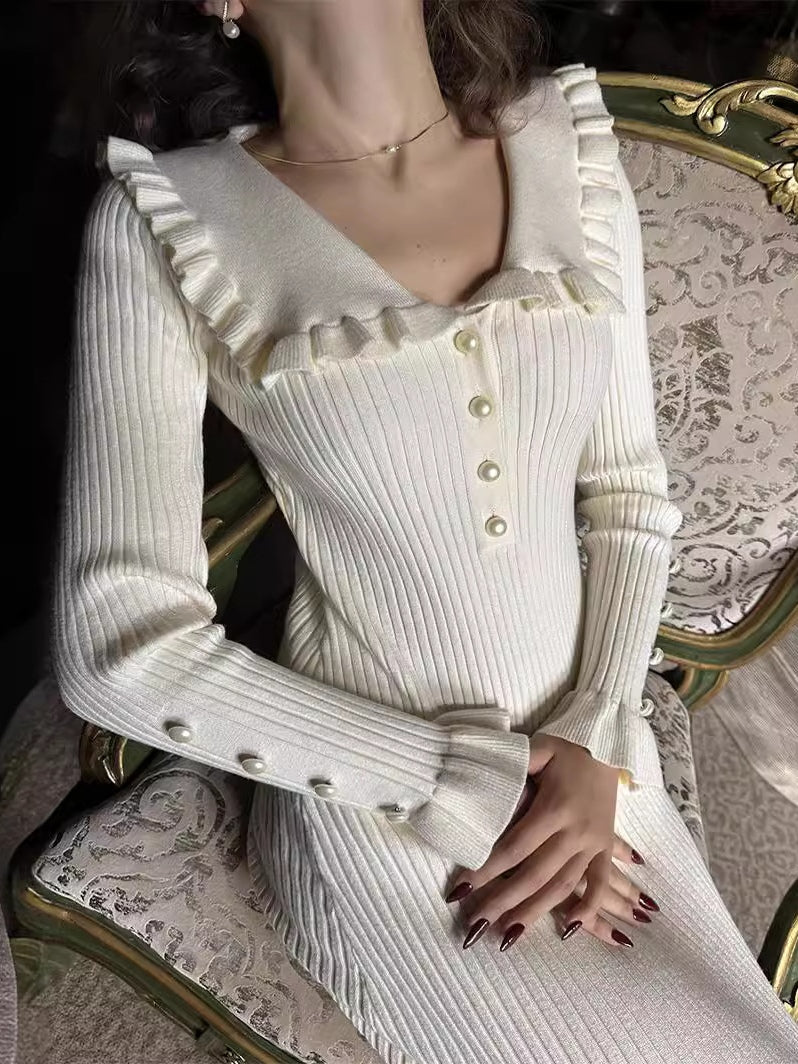 Ruffled long-sleeved knitted midi dress-thevervian